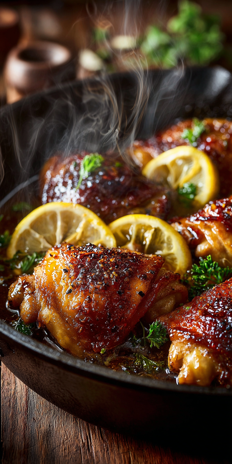 Honey Garlic Lemon Pepper Chicken Thighs with a glossy glaze
