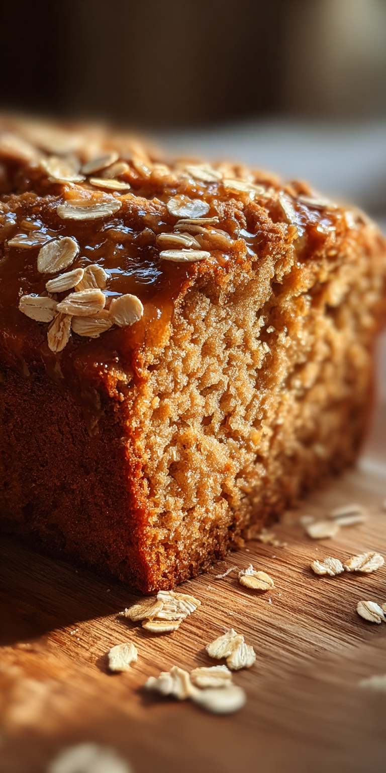 A slice of Honey Oat Sunrise Banana Bread on a plate, showcasing its golden crust and moist texture