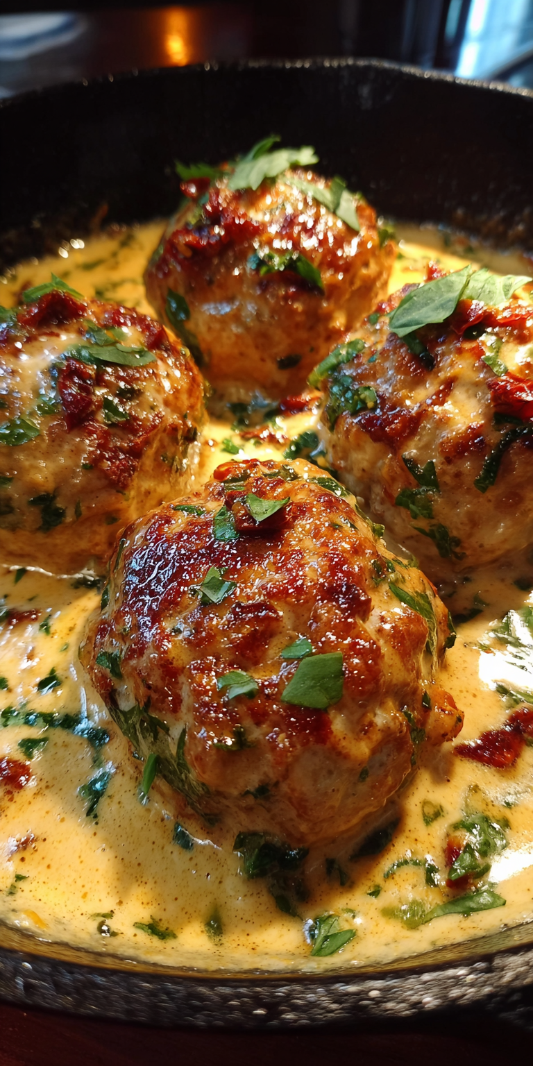 Close-up of raw Marry Me Chicken Meatballs with fresh herbs and spices