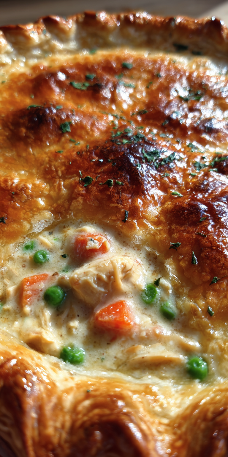 A comforting plate of Marry Me Chicken Pot Pie with a flaky crust