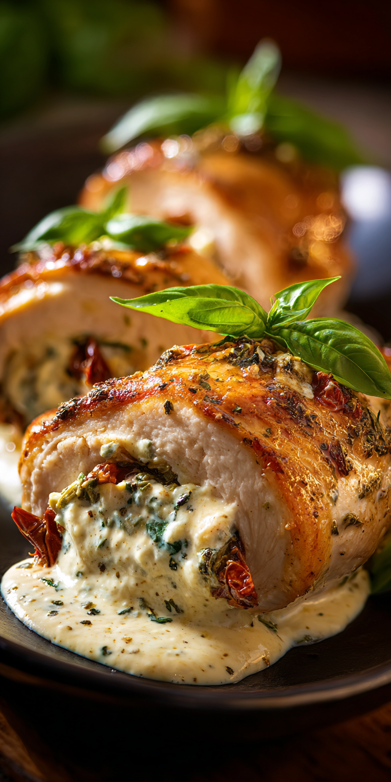 Delicious Marry Me Chicken Roll-Ups with creamy sauce on a dinner plate