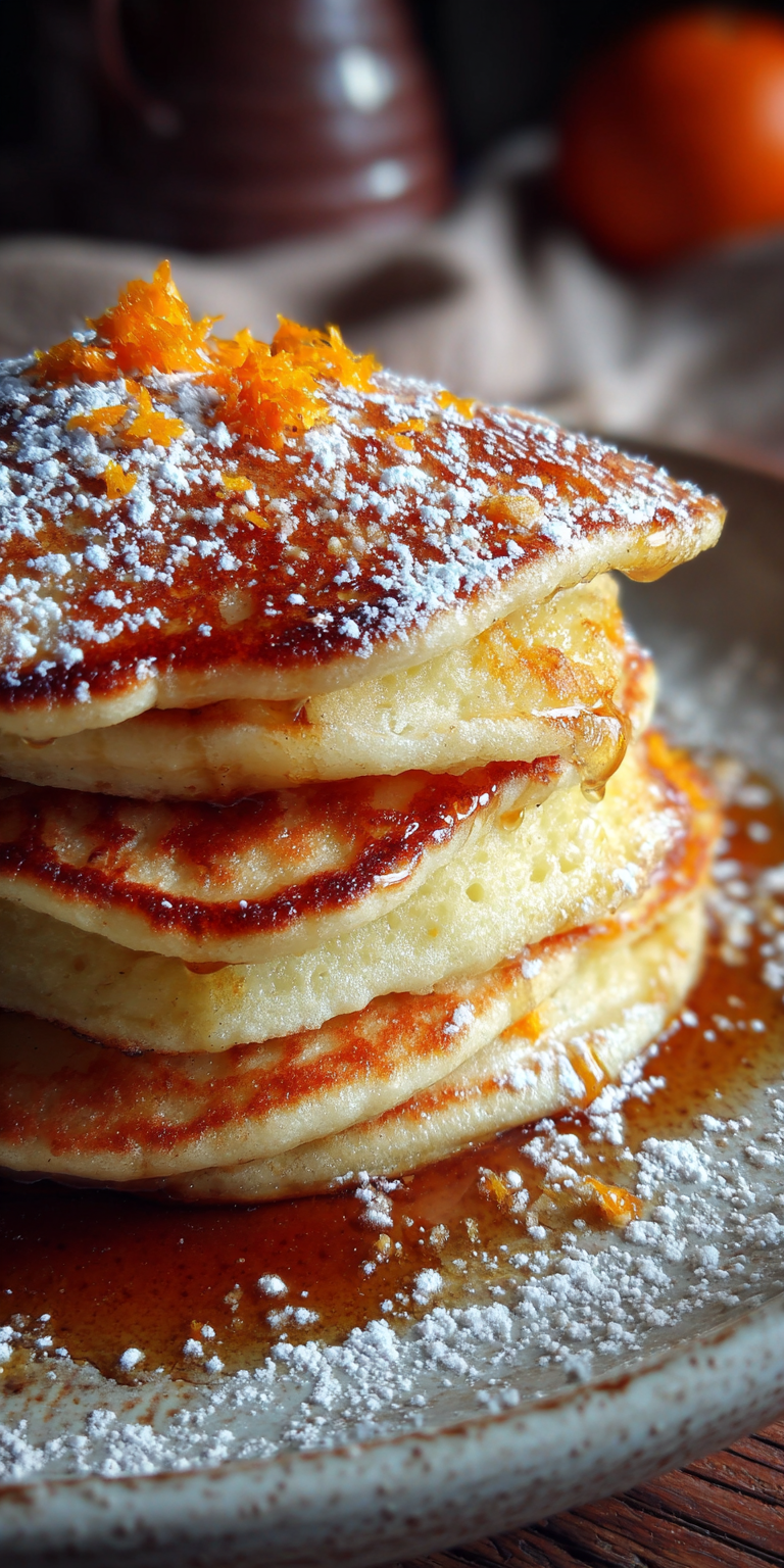 A stack of fluffy Orange Zest & Ricotta Flapjacks with a citrusy glaze on a breakfast table