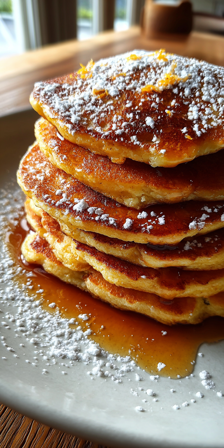 A stack of fluffy Orange Zest & Ricotta Flapjacks with a citrusy glaze on a plate