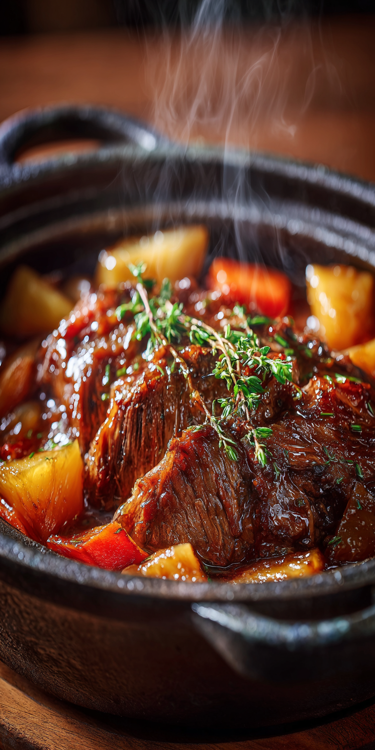 Close-up of raw beef and pineapple chunks for Pineapple Teriyaki Pot Roast preparation