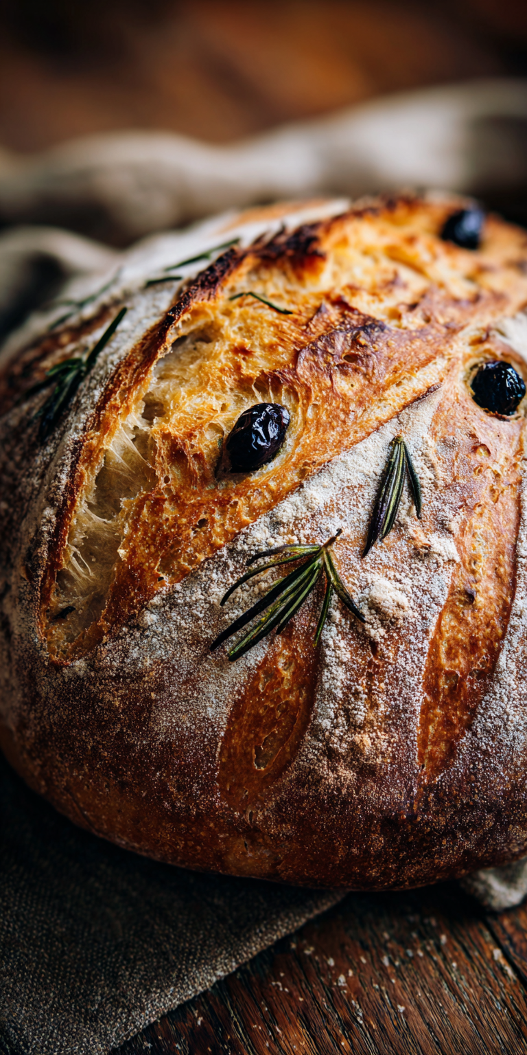 A freshly baked loaf of Rosemary Olive Country Sourdough with a golden crust and herbs on top