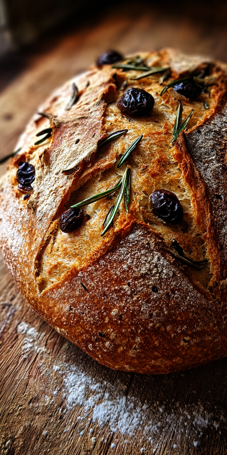 A freshly baked loaf of Rosemary Olive Country Sourdough with a golden crust