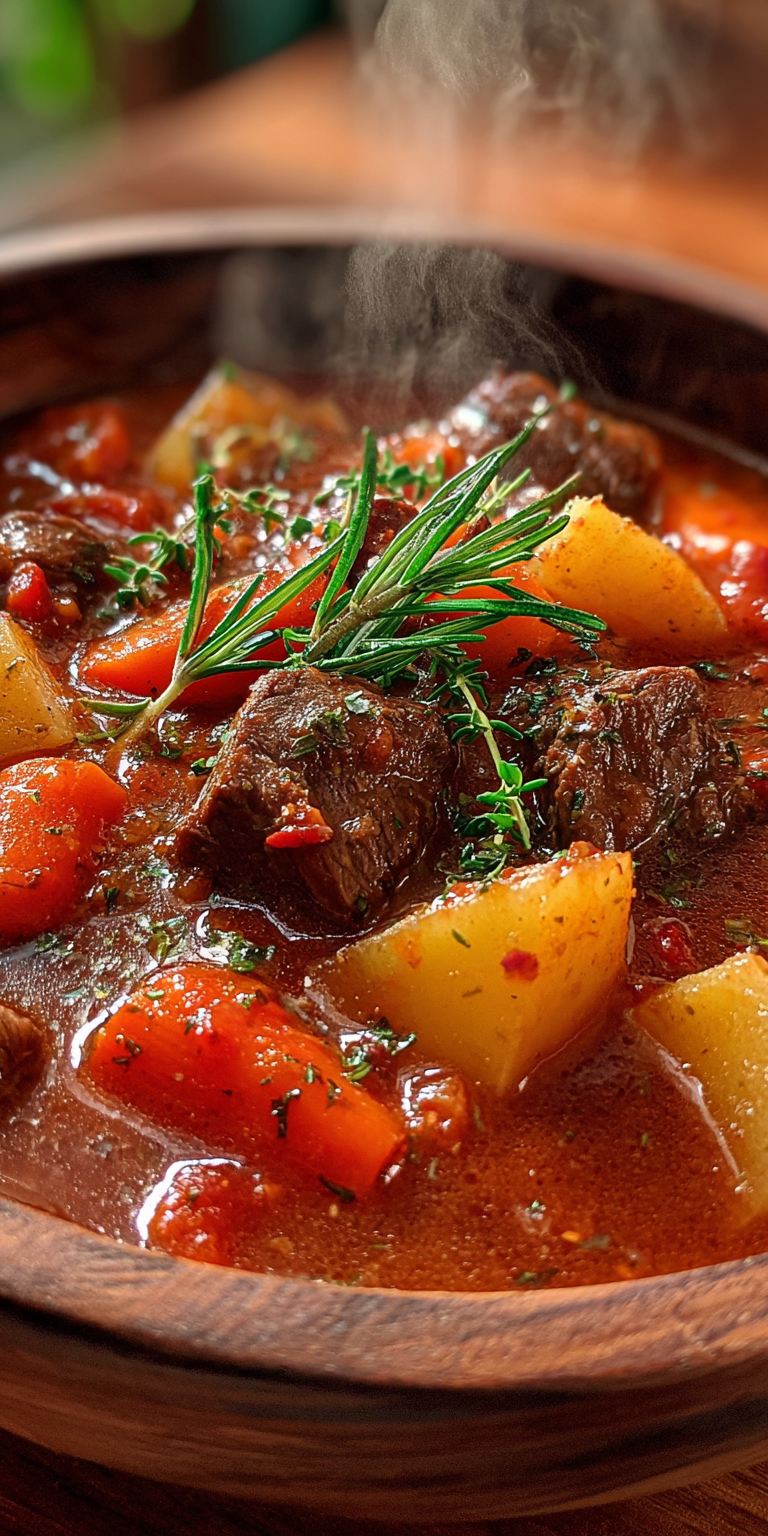Close-up of fresh ingredients for Rustic Farmhouse Beef Stew, including beef chunks and vegetables