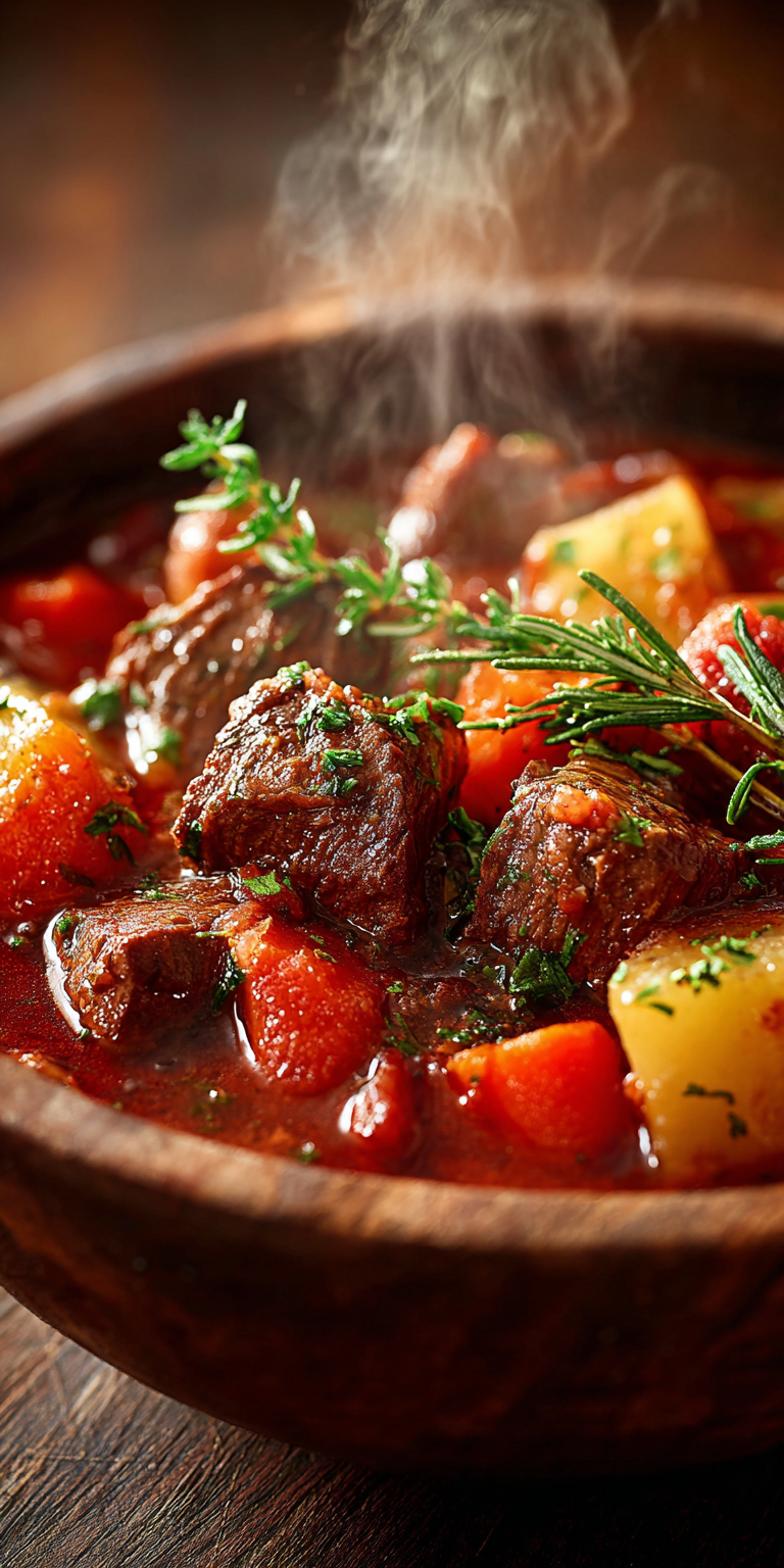 A hearty bowl of Rustic Farmhouse Beef Stew with tender beef and vegetables