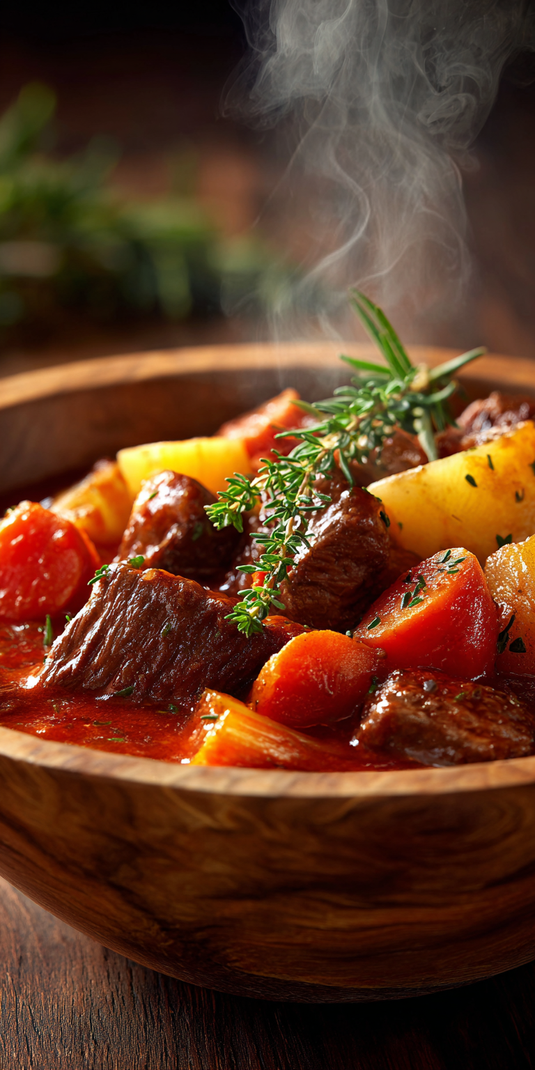 A hearty bowl of Rustic Farmhouse Beef Stew with tender beef and vegetables