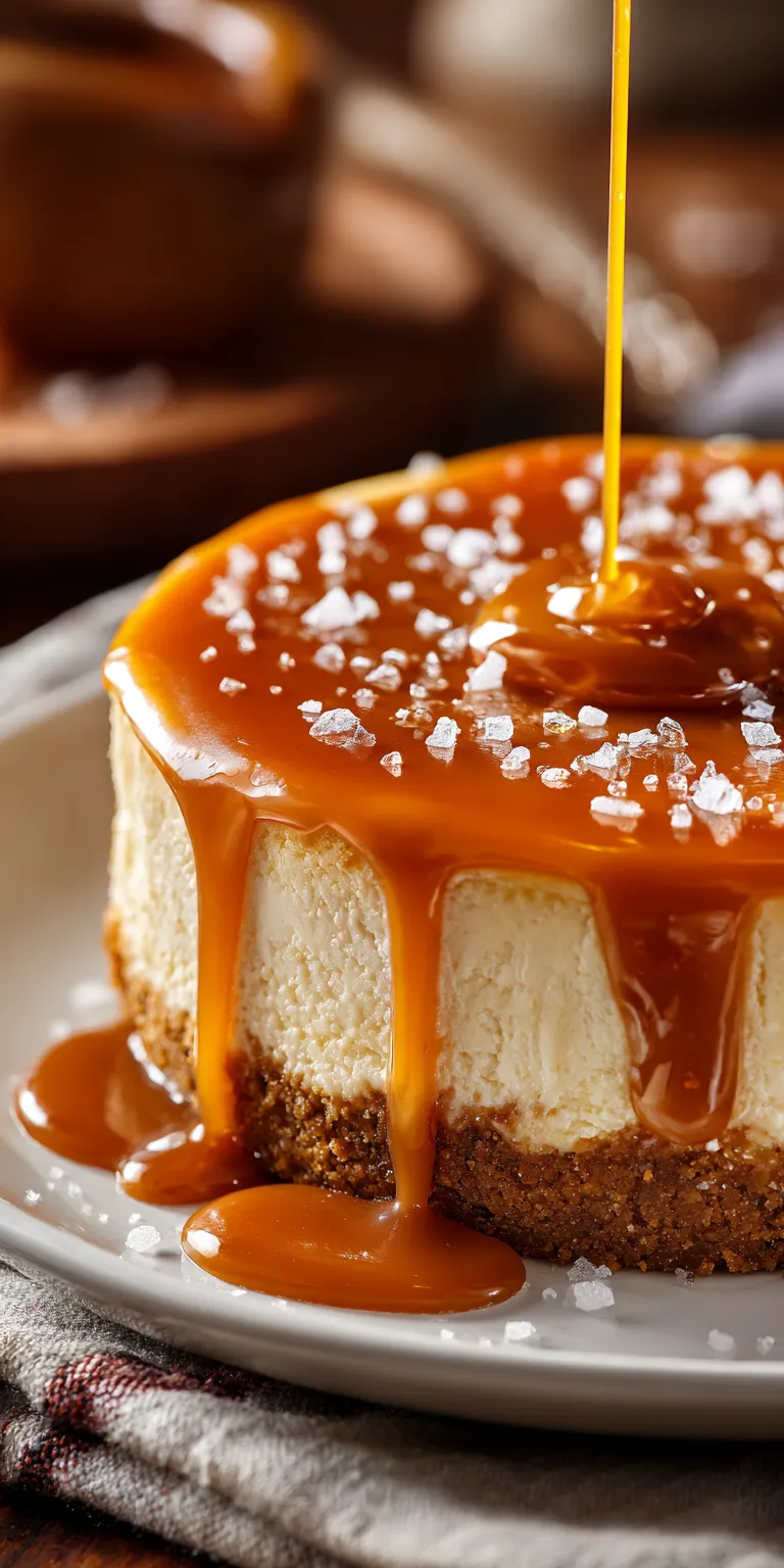 A slice of salted caramel cheesecake with a buttery crust and caramel drizzle
