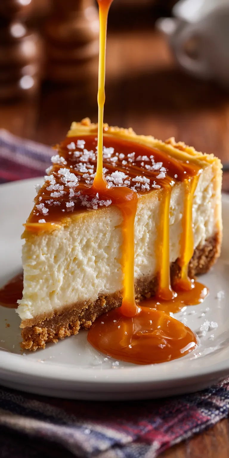 A slice of salted caramel cheesecake with a buttery crust and caramel drizzle