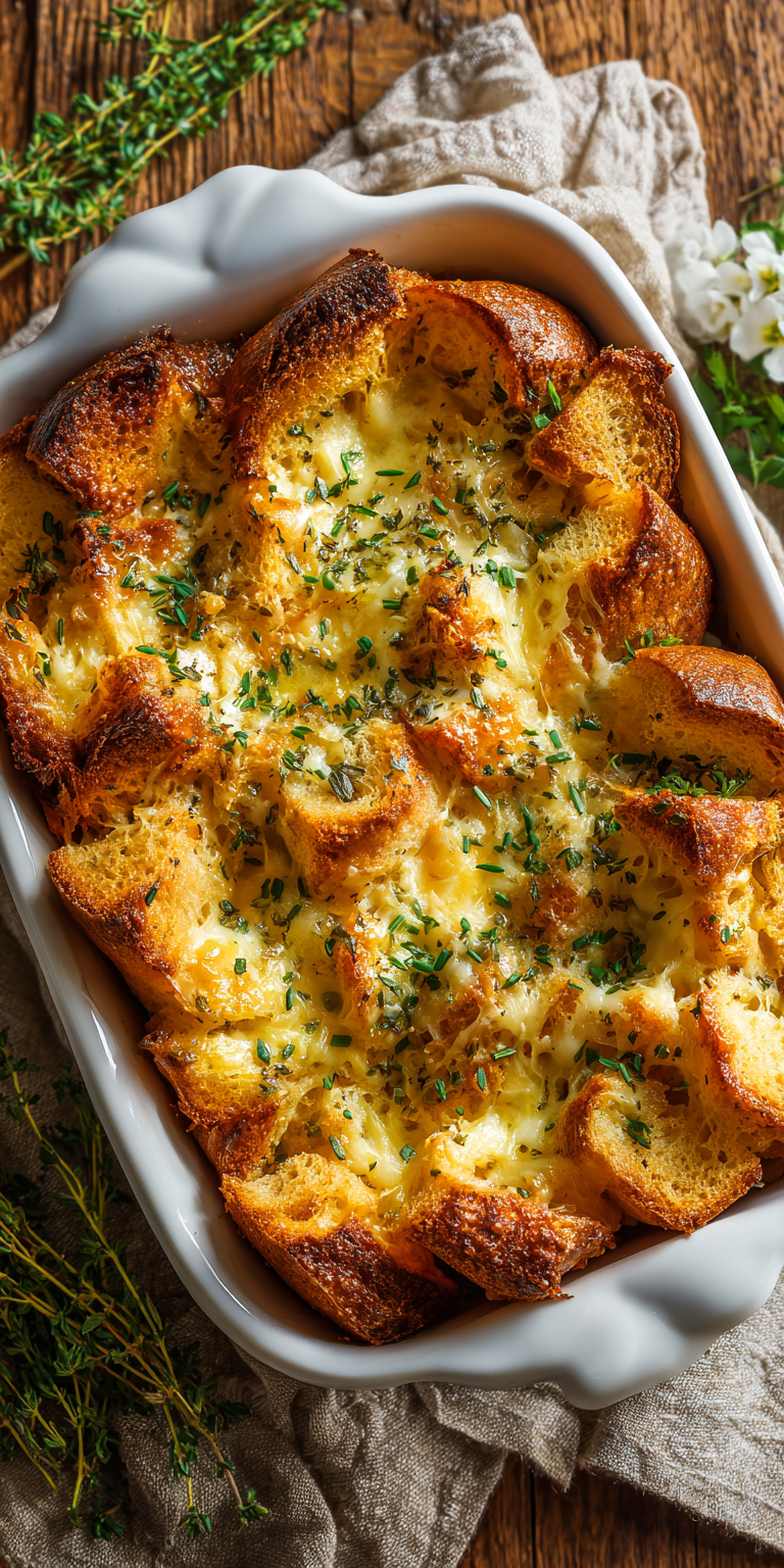 A warm plate of Savory Herb & Cheese French Toast Bake with melted cheese and fresh herbs