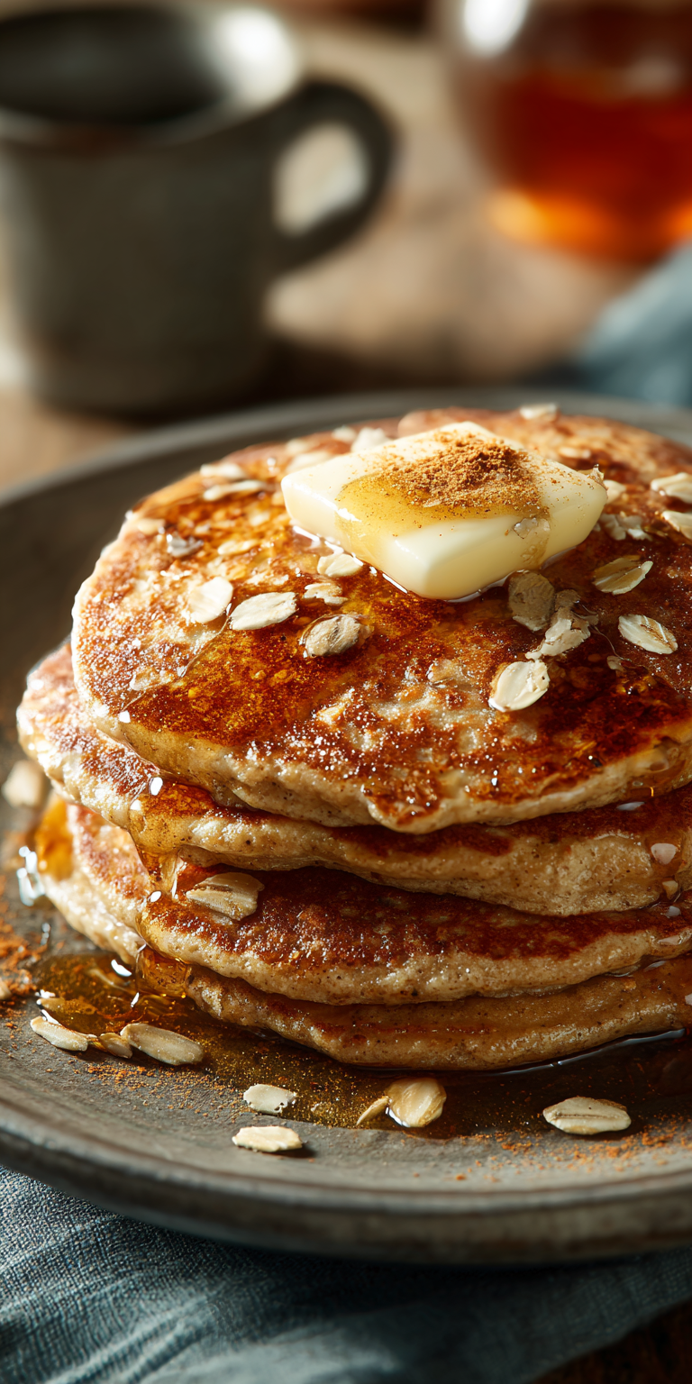 A stack of Spiced Chai Oatmeal Pancakes drizzled with syrup on a plate