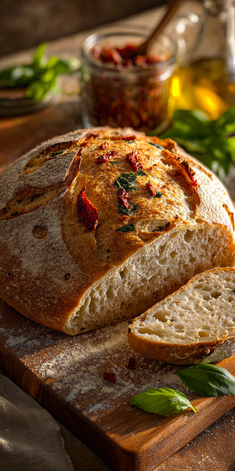 Freshly baked Sun-Dried Tomato Basil Sourdough with a crisp crust and vibrant flavors