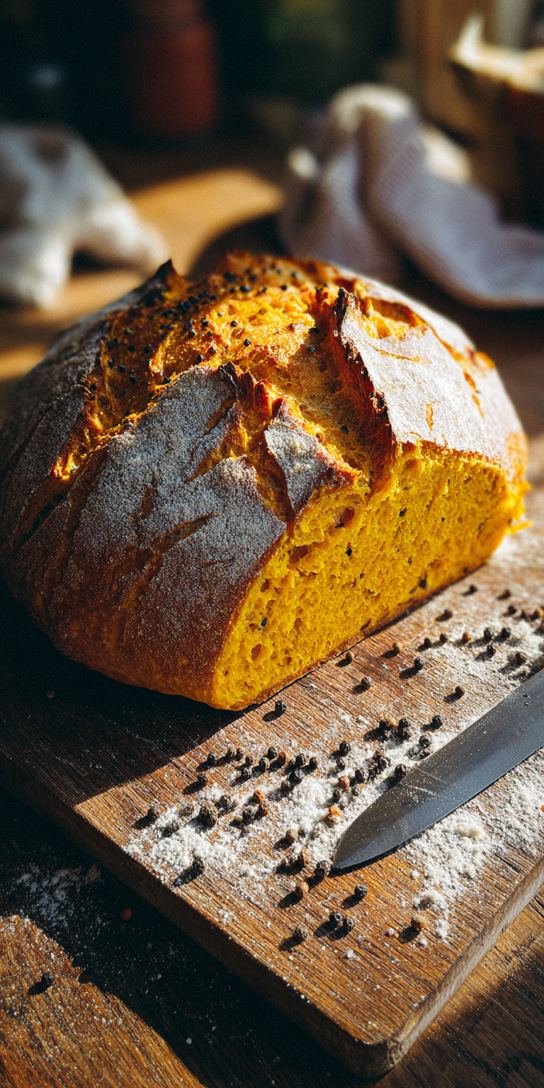 A loaf of Turmeric and Black Pepper Sourdough with a golden crust and rustic texture