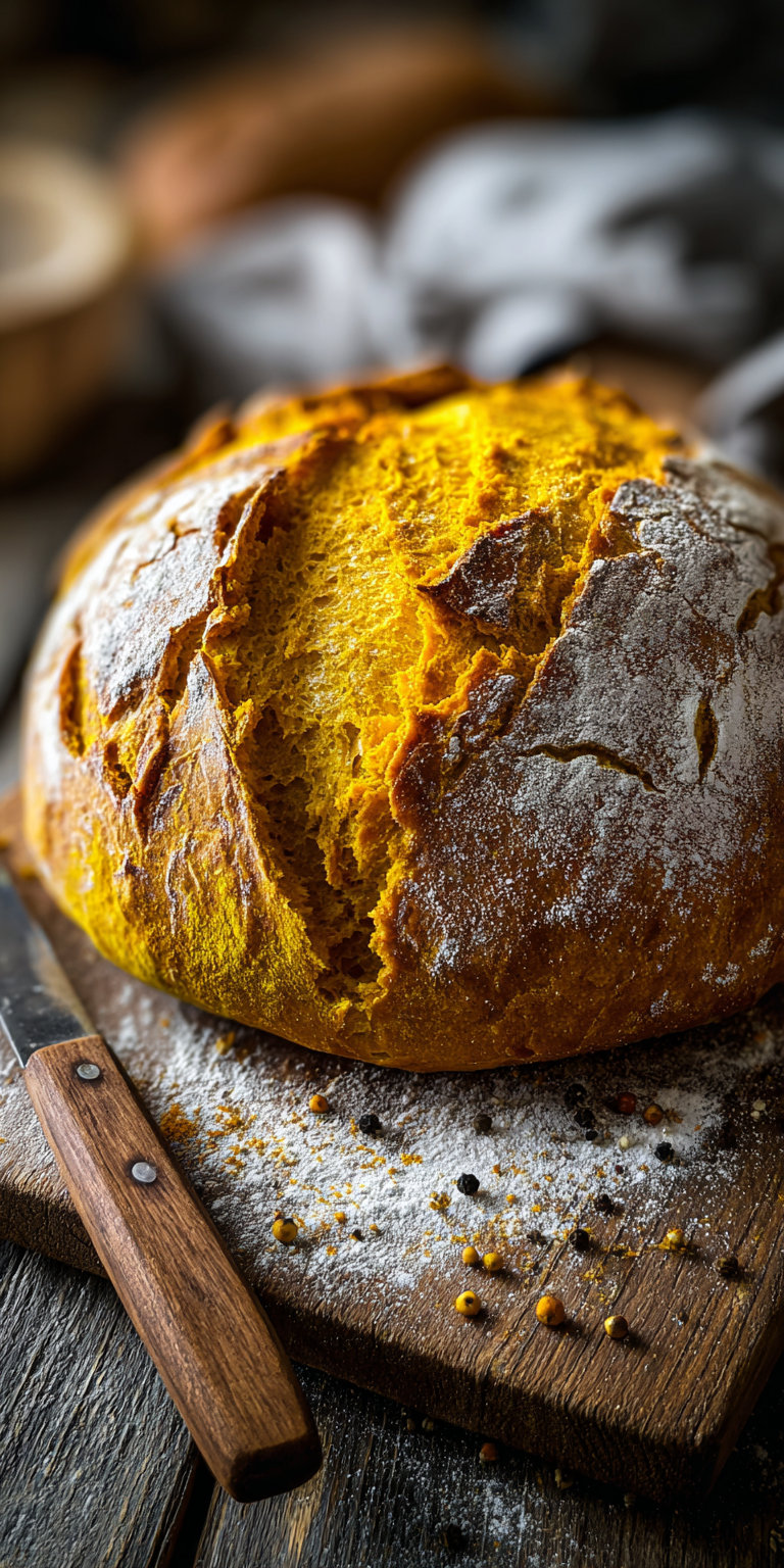 A slice of Turmeric and Black Pepper Sourdough on a rustic table