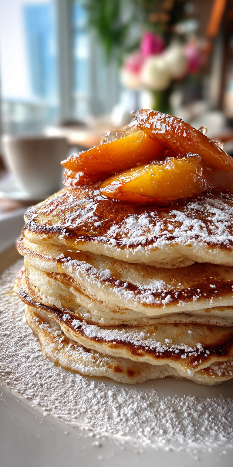 A stack of fluffy Vanilla Bean & Peach Soufflé Pancakes with fresh peaches on top