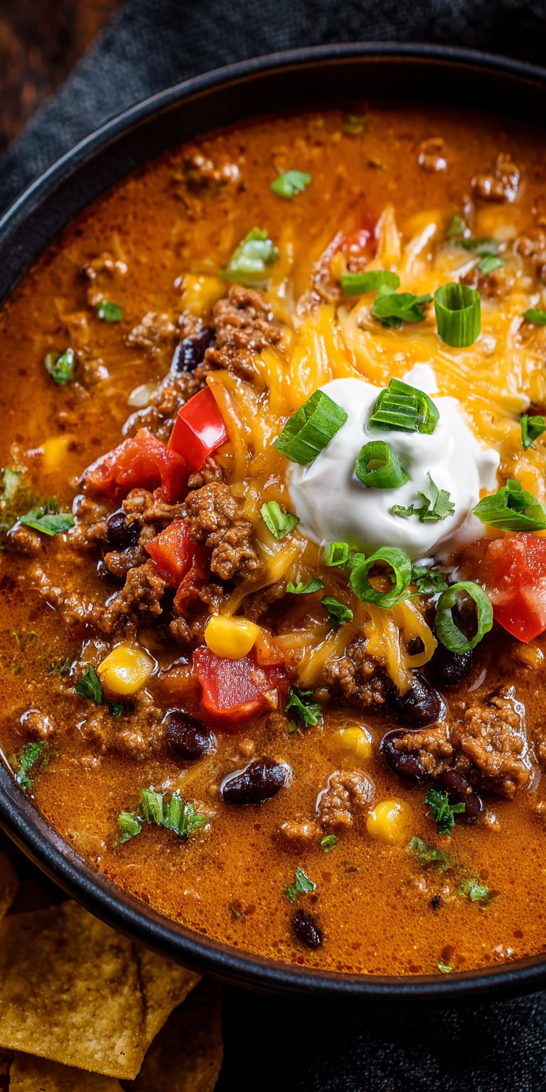 Beefy Cheesy Taco Soup – Family Night Winner served warm with cozy spices