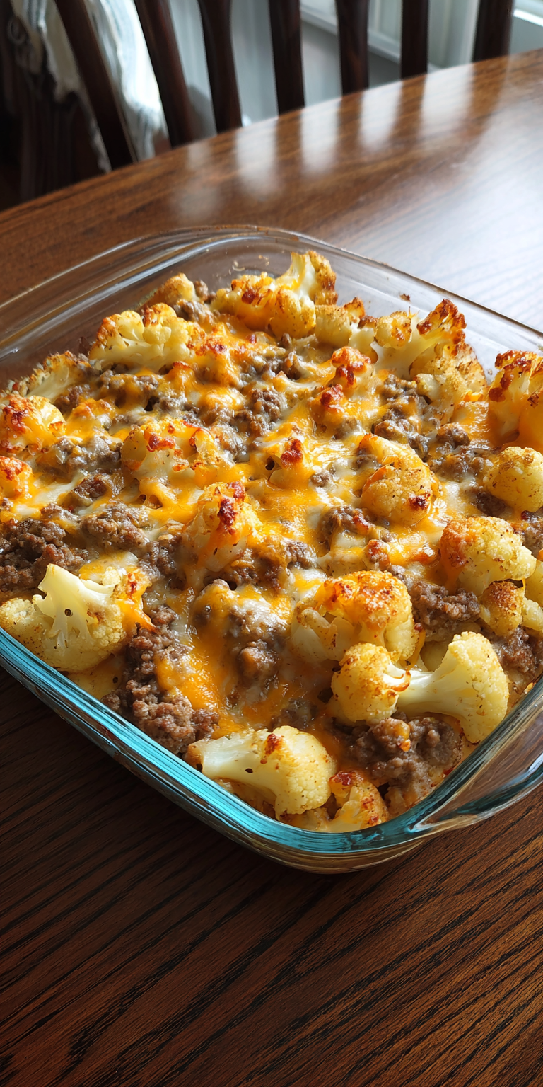 Cheesy Cauliflower & Ground Beef Potato Bake served warm with cozy spices