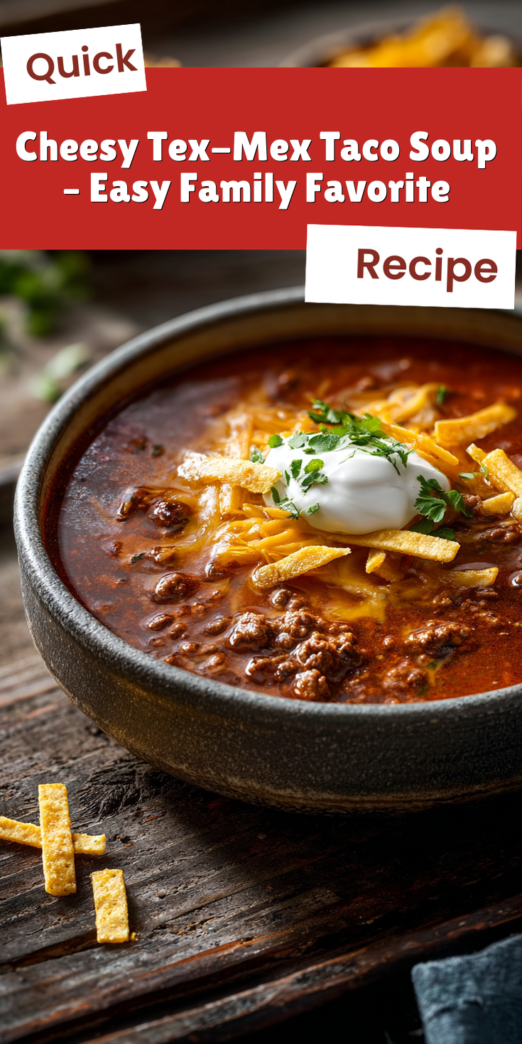 Cheesy Tex-Mex Taco Soup – Easy Family Favorite served warm with cozy spices