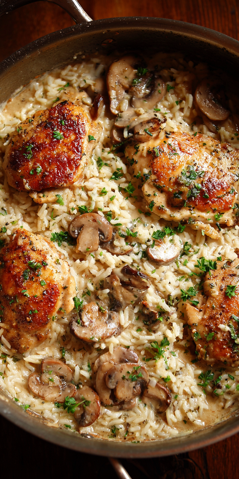 Creamy Smothered Chicken & Rice – Cozy One-Pot Dinner served warm with cozy spices
