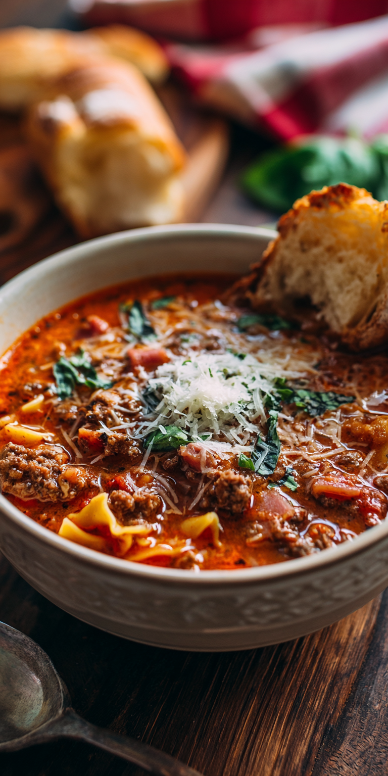 Crock Pot Dump Lasagna Soup – Quick 10-Minute Prep served warm with cozy spices