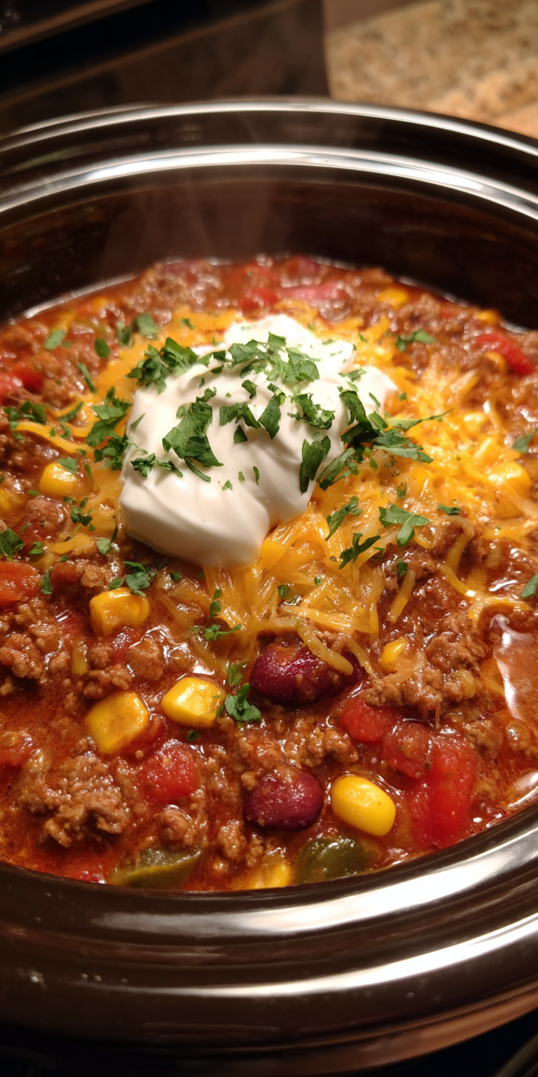 A bowl of Crock Pot Taco Chili, hearty and comforting for busy nights