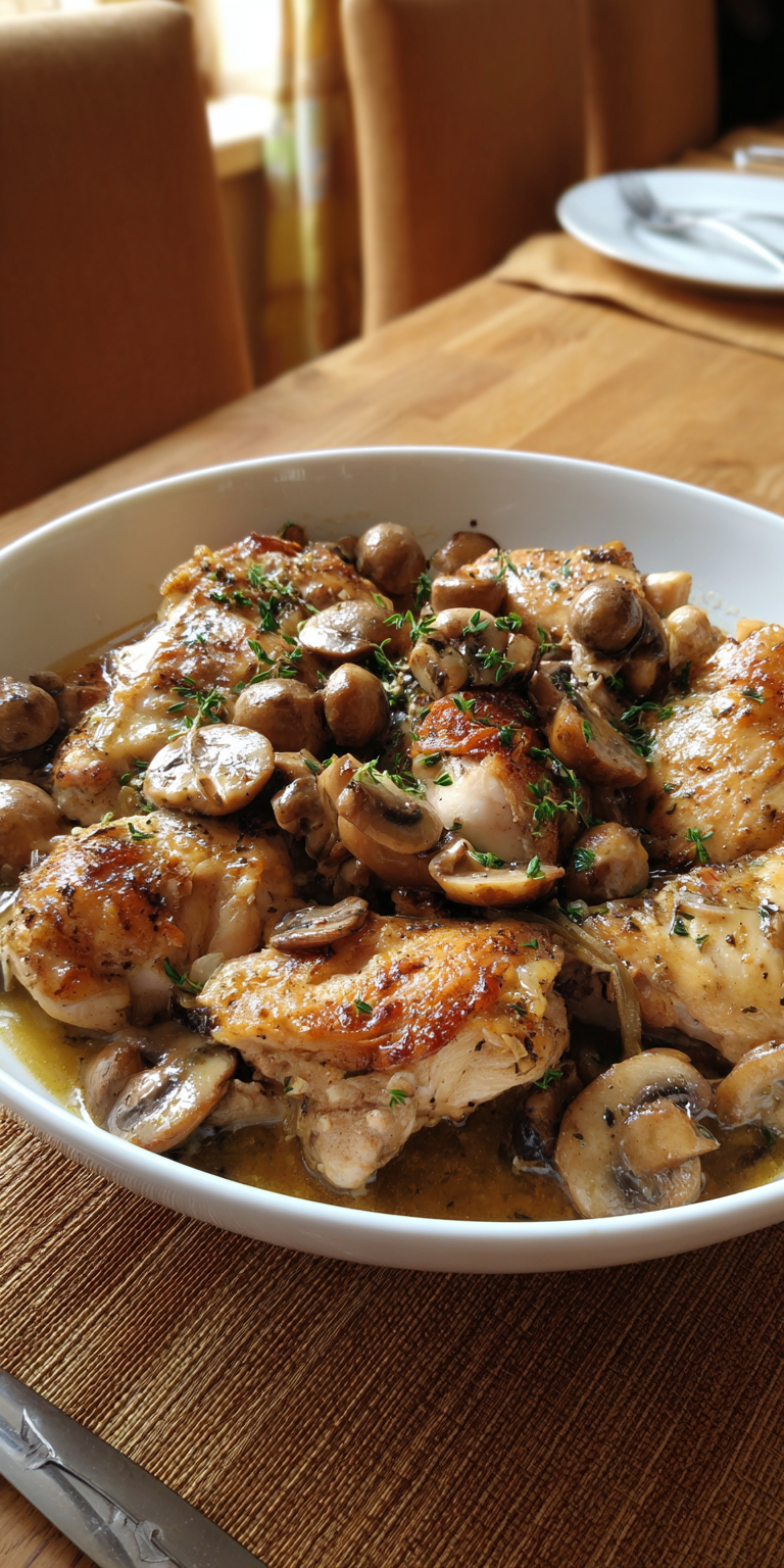 Crockpot Chicken with Mushrooms and Thyme served warm with cozy spices