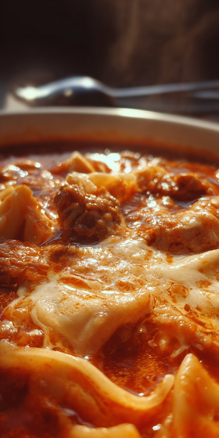 A bowl of Crockpot Lasagna Soup with tender pasta and rich tomato broth