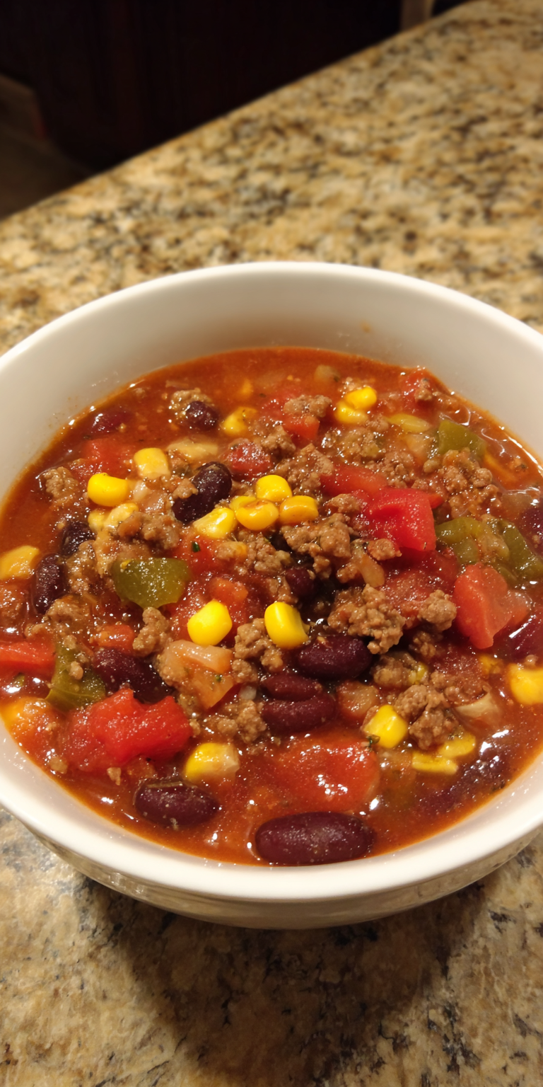 Easy 7 Can Ground Beef Taco Soup served warm with cozy spices