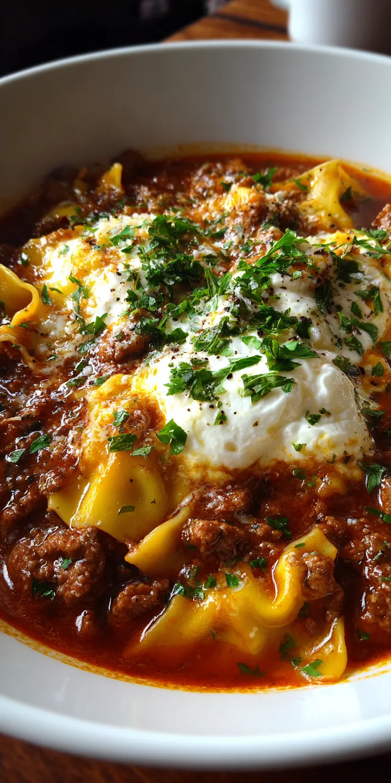 A bowl of gluten-free lasagna soup with hearty tomato broth and melted cheese