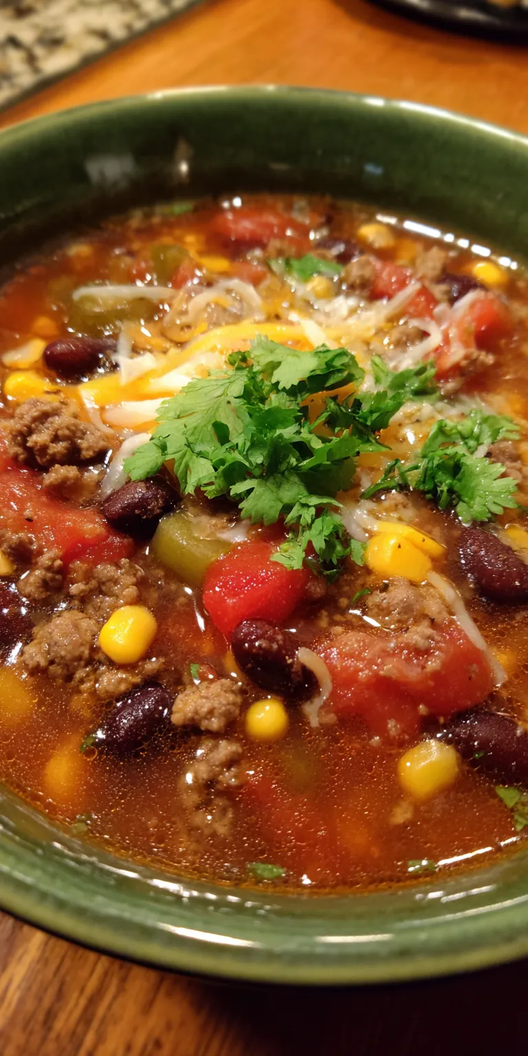 Ground Beef & Bean Taco Soup served warm with cozy spices