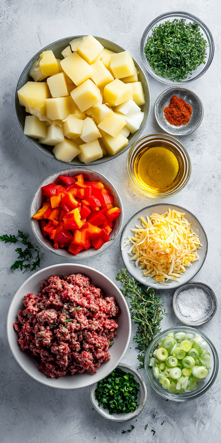 Ground Beef & Potato Skillet with Mushrooms & Cheese served warm with gentle spices and a cozy aroma