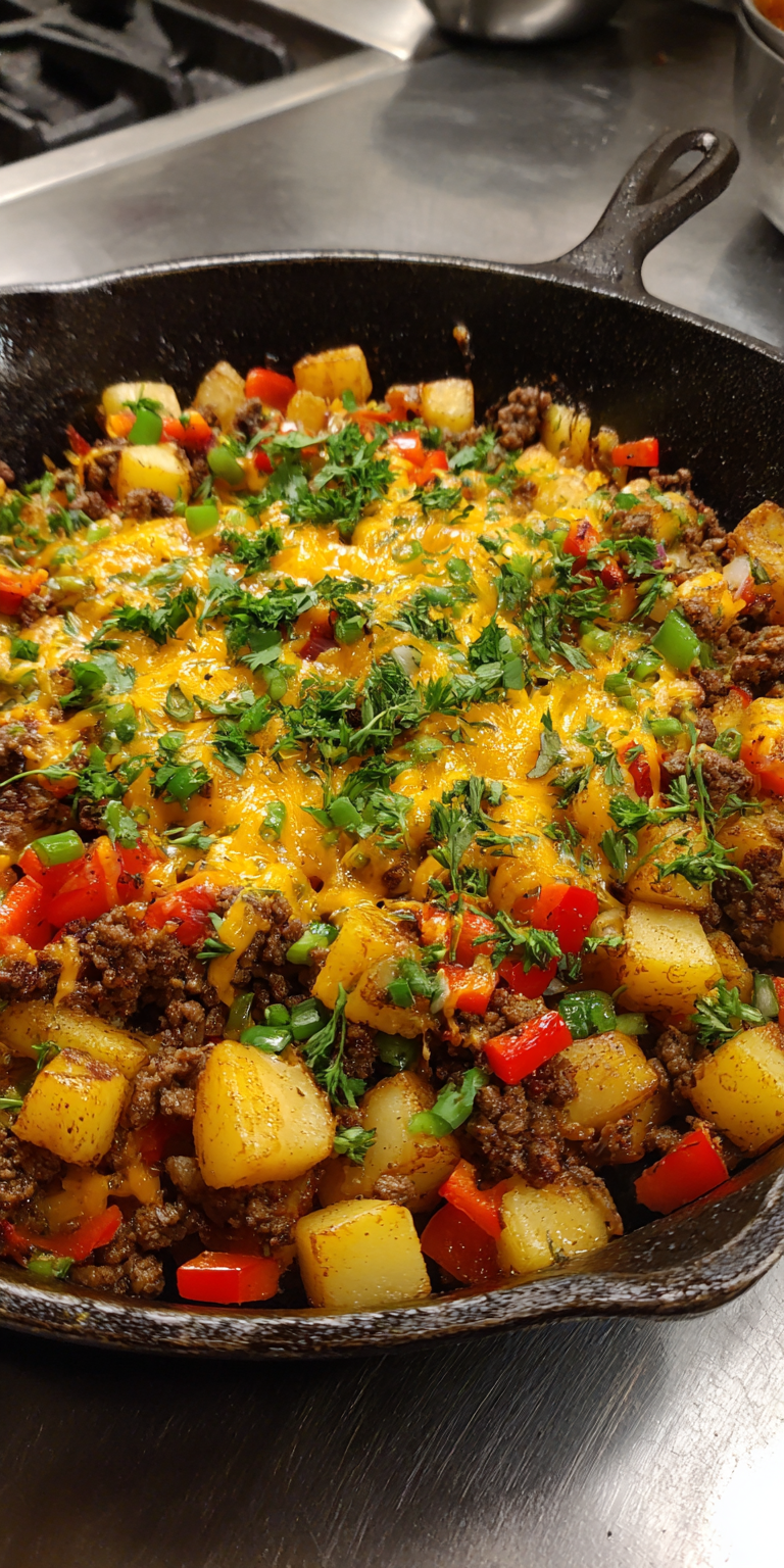 Ground Beef & Potato Skillet with Mushrooms & Cheese served warm with cozy spices