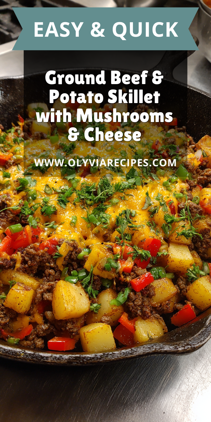 Ground Beef & Potato Skillet with Mushrooms & Cheese served warm with cozy spices