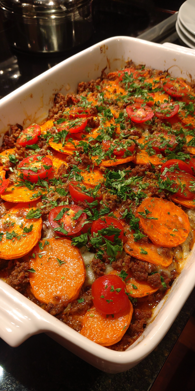 Ground Beef & Sweet Potato Bake served warm with cozy spices