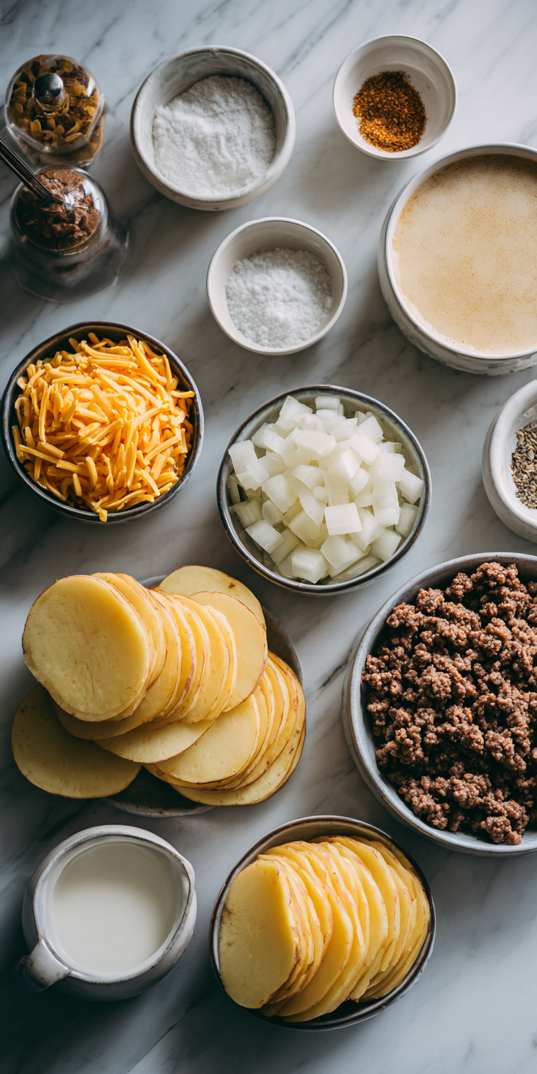 Fresh ingredients for Hobo Casserole with ground beef and potatoes