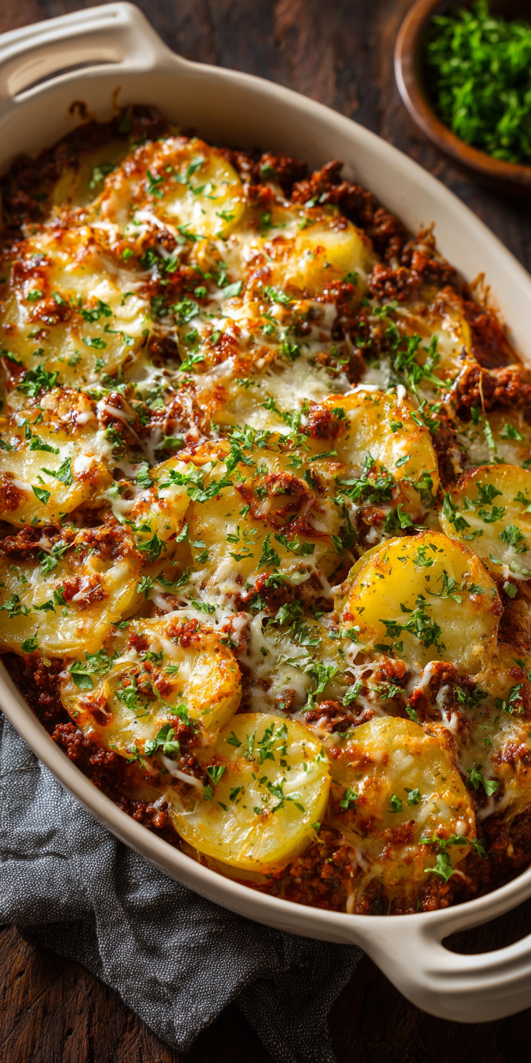 Italian Ground Beef & Potato Bake – Rich & Savory served warm with cozy spices
