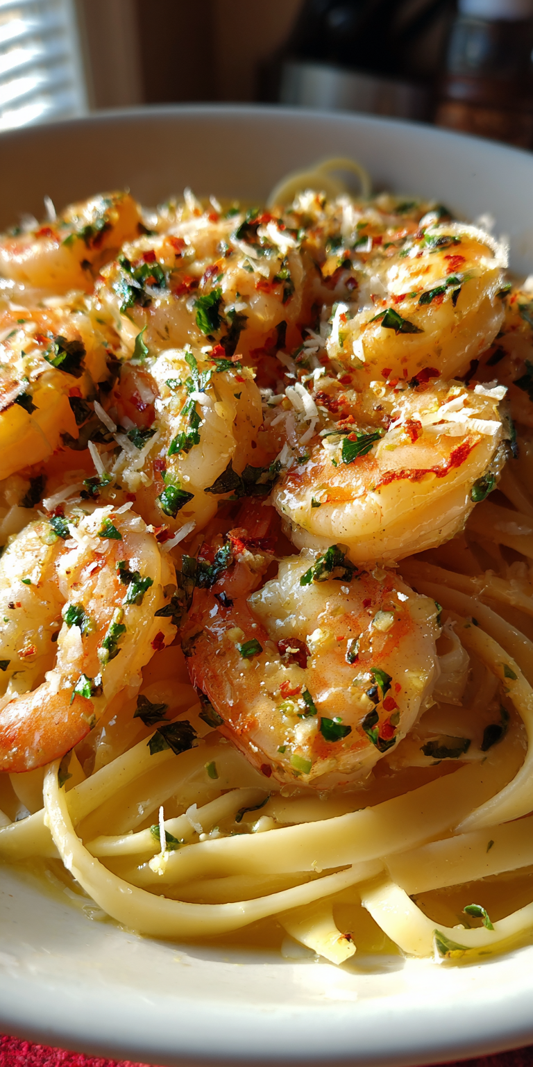 A plate of Lemon-Herb Shrimp Scampi with zesty lemon and tender shrimp over pasta