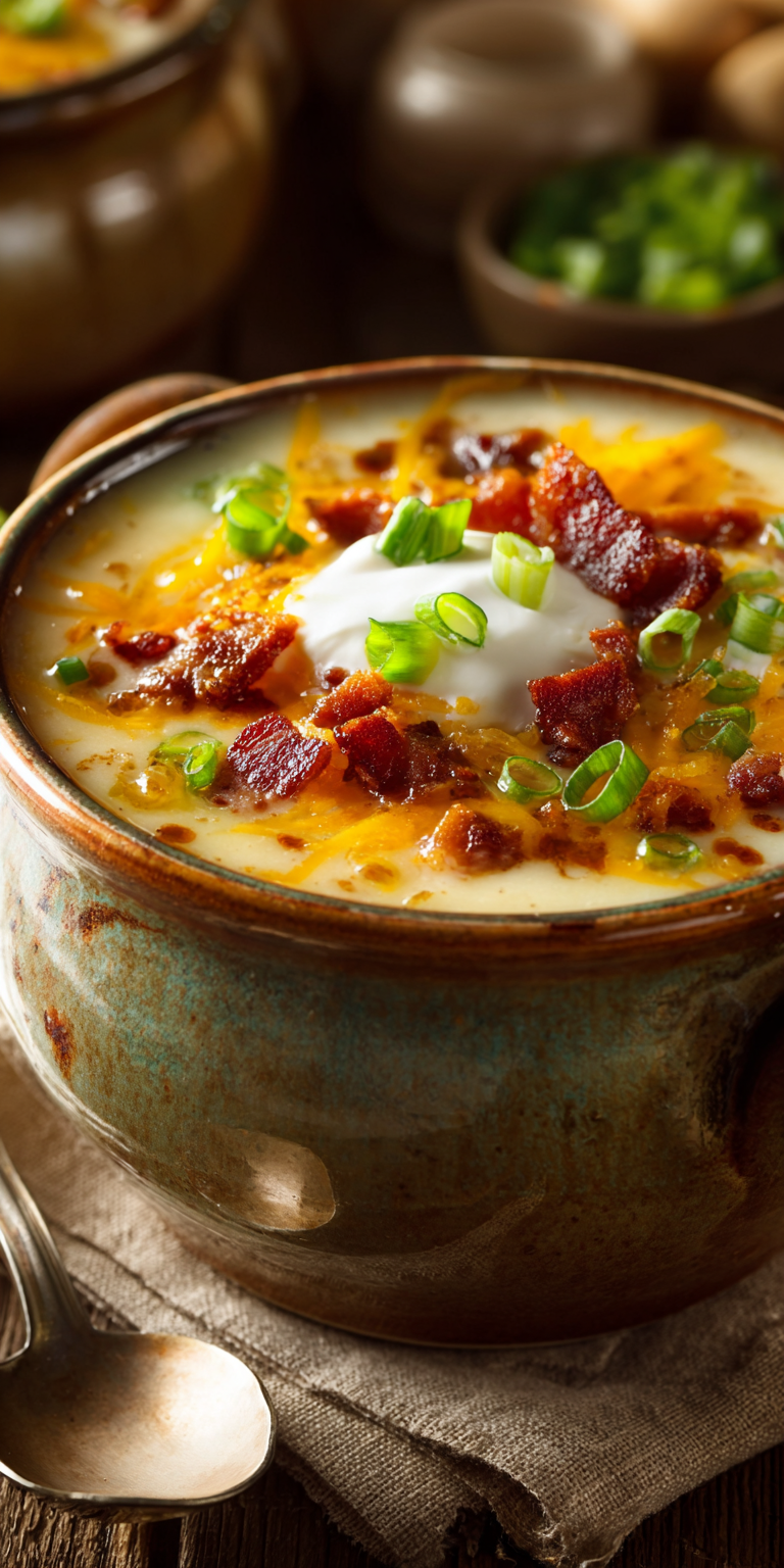 A comforting bowl of loaded baked potato soup with chicken and bacon