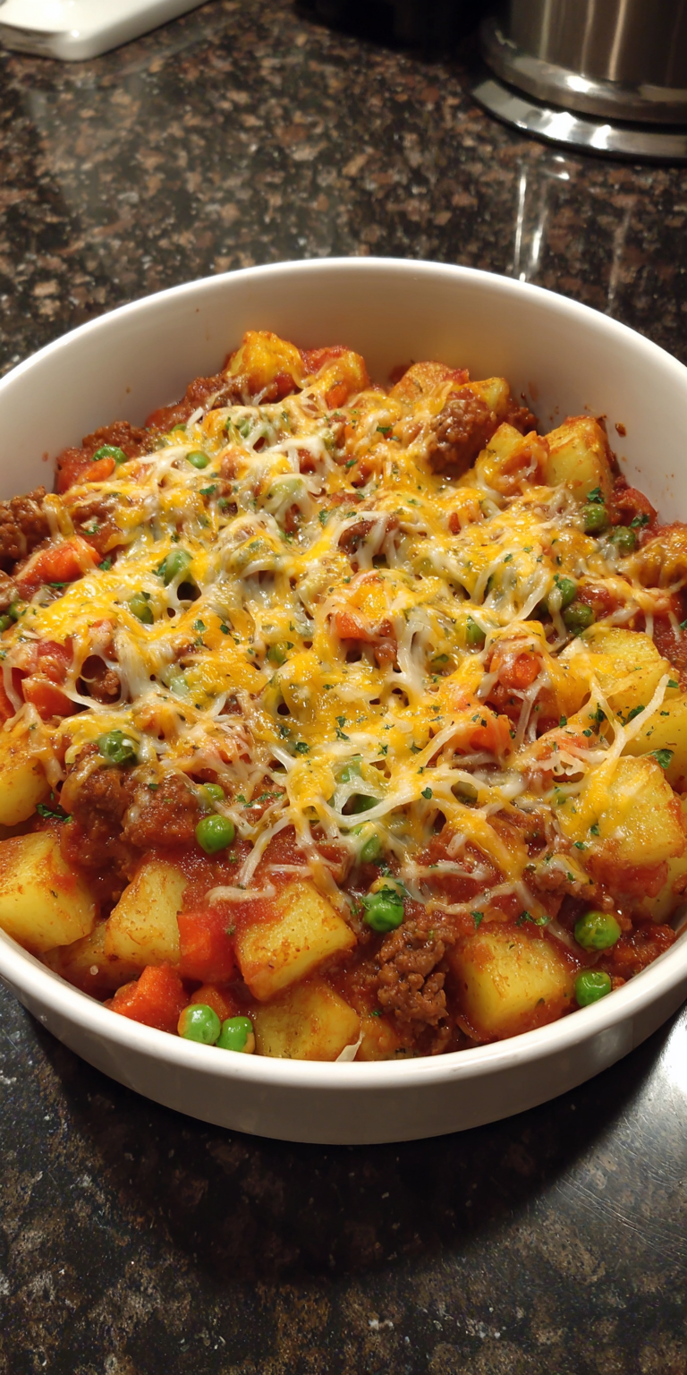 Loaded Ground Beef & Potato Casserole with Veggies served warm with cozy spices