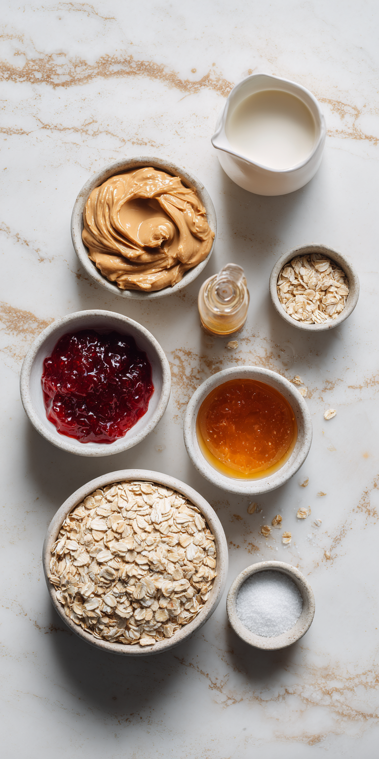A close-up of Peanut Butter & Jelly Oat Cups preparation with nutty butter and sweet jelly