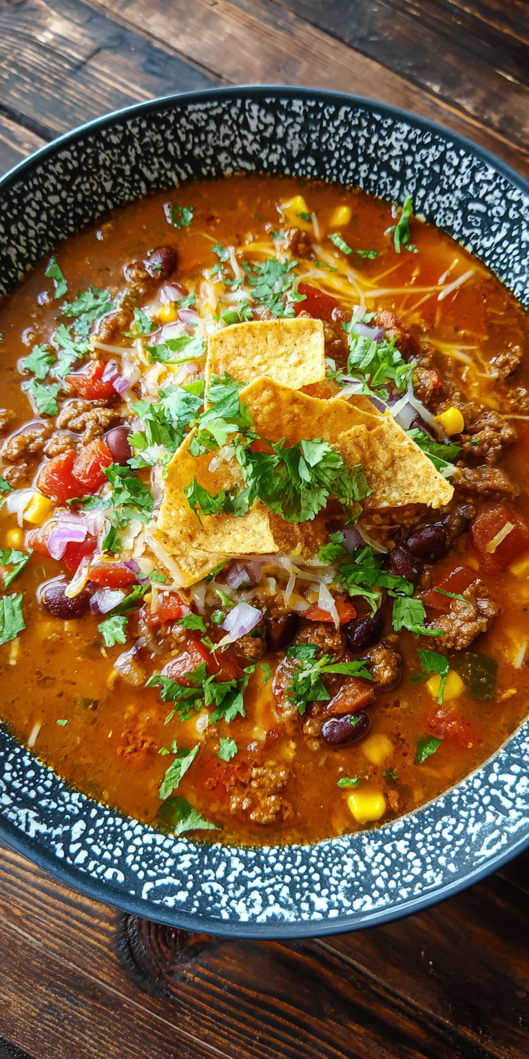 Savory Ground Beef Taco Soup – Easy Comfort Food served warm with cozy spices