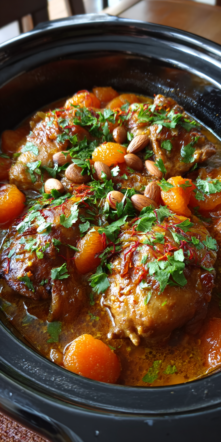 Slow Cooker Chicken Tagine Moroccan Apricot Almond Delight served warm with cozy spices