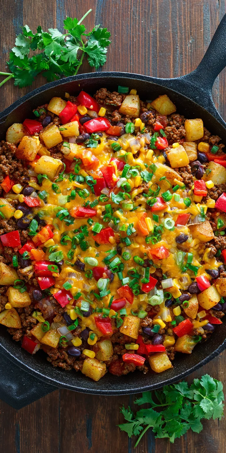 Southwest Ground Beef & Potato Skillet – Bold & Cheesy served warm with cozy spices