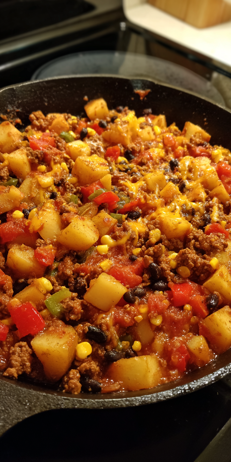 Tex-Mex Loaded Ground Beef & Potato Skillet served warm with cozy spices