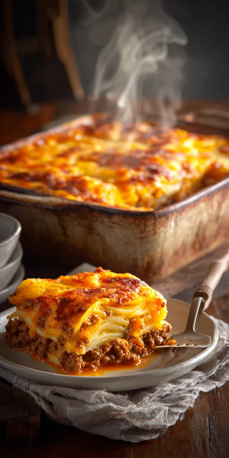 A hearty ground beef and potato casserole fresh from the oven with melted cheese