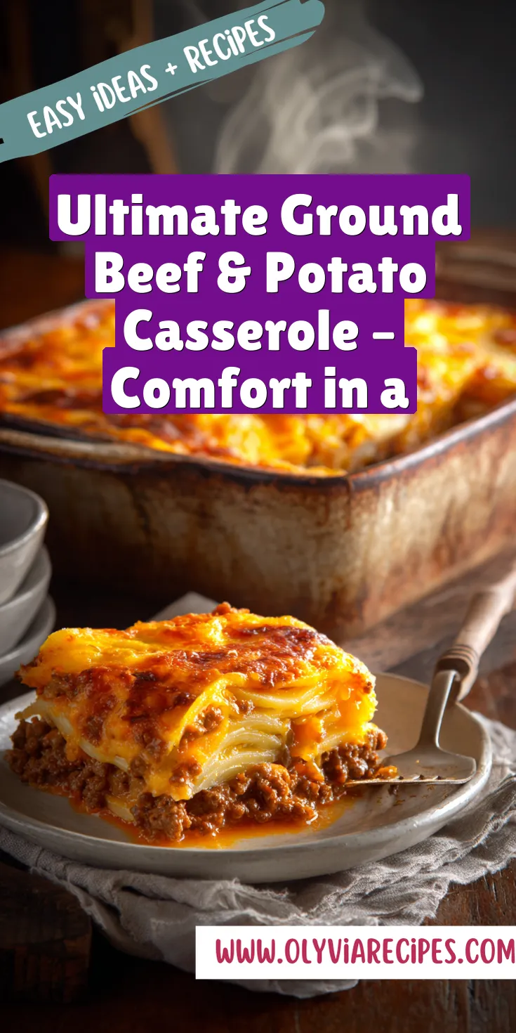 A hearty serving of Ultimate Ground Beef & Potato Casserole with melty cheese and golden potatoes