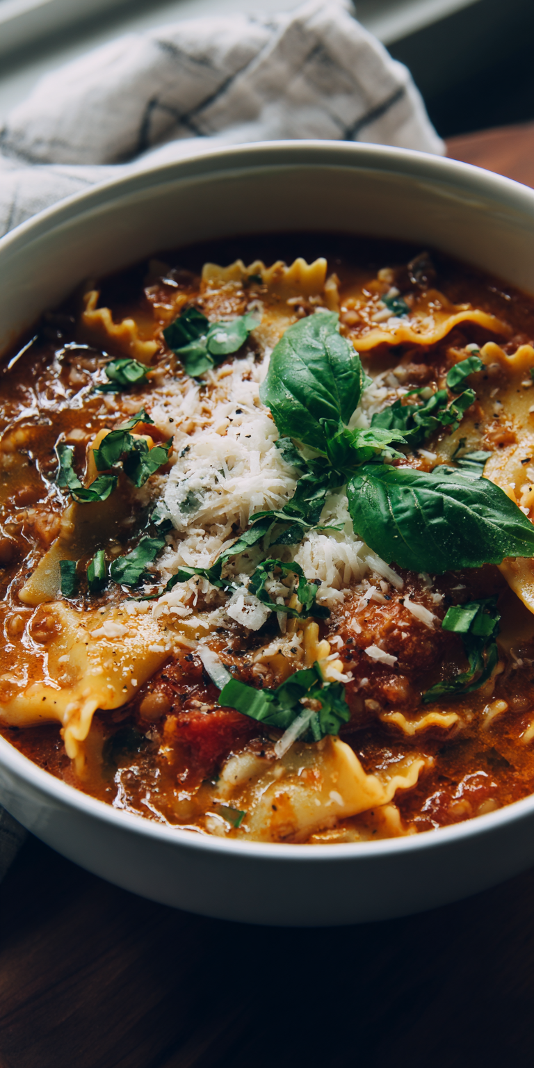 Vegan One-Pot Lasagna Soup served warm with cozy spices