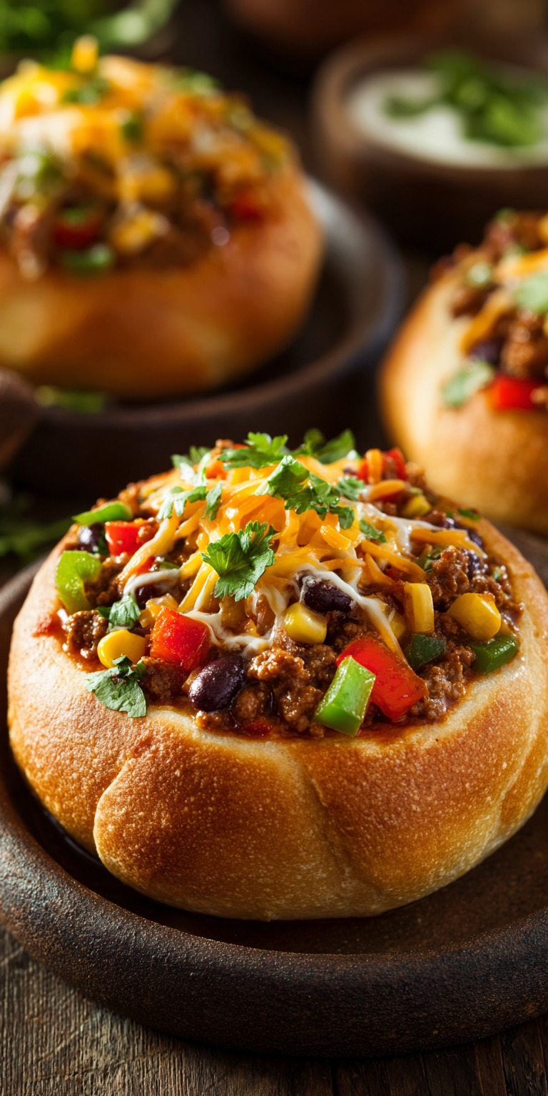 Cheesy Taco Soup in Bread Bowls served warm with cozy spices